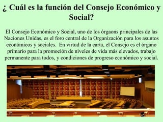 ¿ Cuál es la función del Consejo Económico y
Social?
El Consejo Económico y Social, uno de los órgaons principales de las
Naciones Unidas, es el foro central de la Organización para los asuntos
económicos y sociales. En virtud de la carta, el Consejo es el órgano
primario para la promoción de niveles de vida más elevados, trabajo
permanente para todos, y condiciones de progreso económico y social.
 