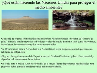 ¿Qué están haciendo las Naciones Unidas para proteger el¿Qué están haciendo las Naciones Unidas para proteger el
medio ambiente?medio ambiente?
•Una serie de órganos técnicos patrocinados por las Naciones Unidas se ocupan de “tomarle el
pulso” al medio ambiente por los indicadores vitales del medio ambiente, tales como los océanos,
la atmósfera, la contaminación y los recursos renovables.
•La Organización para la Agricultura y la Alimentación vigila las poblaciones de peces acerca
del riesgo de sobrepesca.
•El grupo Intergubernamental de Expertos sobre el Cambio Climático vigila el clima mundial y
el posible calentamiento de la atmósfera.
•El fondo para el Medio Ambiente Mundial es la mayor fuente de préstamos multilaterales para
proyectos sobre el medio ambiente en los países en desarrollo.
 