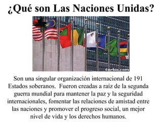 Son una singular organización internacional de 191
Estados soberanos. Fueron creadas a raíz de la segunda
guerra mundial para mantener la paz y la seguridad
internacionales, fomentar las relaciones de amistad entre
las naciones y promover el progreso social, un mejor
nivel de vida y los derechos humanos.
¿Qué son Las Naciones Unidas?
 