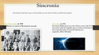 Fenómenos históricos que se desarrollan en una misma fecha en diferentes lugares.

20 de Noviembre de 1910
En México se inicia la Revolución armada

19 de Mayo de 1910
El cometa Halley pasa cerca de la Tierra como cada 75 años
sin causar todas las tragedias que, la recién comenzada era
de la comunicación en masa de la prensa, ha
augurado. (Hace 103 años)

 