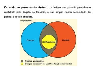 Estímulo ao pensamento abstrato : a leitura nos permite perceber a
realidade pelo ângulo da fantasia, o que amplia nossa capacidade de
pensar sobre o abstrato.
 