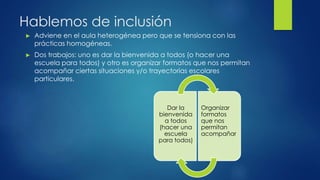 Hablemos de inclusión
► Adviene en el aula heterogénea pero que se tensiona con las
prácticas homogéneas.
► Dos trabajos: uno es dar la bienvenida a todos (o hacer una
escuela para todos) y otro es organizar formatos que nos permitan
acompañar ciertas situaciones y/o trayectorias escolares
particulares.
Dar la
bienvenida
a todos
(hacer una
escuela
para todos)
Organizar
formatos
que nos
permitan
acompañar
 