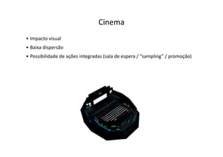 Cinema
• Impacto visual
• Baixa dispersão
• Possibilidade de ações integradas (sala de espera / “sampling” / promoção)
 