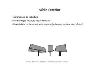 Mídia Exterior
• Abrangência de cobertura
• Memorização / fixação visual da marca
• Flexibilidade no formato / Mais Impacto (apliques / seqüenciais / efeitos)




               Formatos diferenciados: http://www.publistorm.com/outdoors-criativos/
 