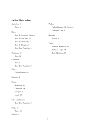´
Indice Remissivo
Amˆndoa, 11
  e                                  Pudins
    Tarte, 11                           Pudim Brasuca (de Coco), 6
                                        Pudim de Caf´, 7
                                                    e
Bolos
    Bolo de Azeite da Biena, 4       Queques
    Bolo de Castanha, 13                Mimos, 8
    Bolo de Chocolate, 5
                                     Tartes
    Bolo de Diospiro, 3
                                        Tarte de Amˆndoa, 11
                                                   e
    Bolo Trˆs Camadas, 9
           e
                                        Tarte de Ma¸˜, 12
                                                   ca
Castanha, 13                            Tarte Queijada, 10
    Bolo, 13
Chocolate
    Bolo, 5
    Bolo Trˆs Camadas, 9
           e
Coco
    Pudim Brasuca, 6

Diospiro, 3

Frutas
    Amˆndoa, 11
      e
    Castanha, 13
    Diospiro, 3
    Ma¸˜, 12
      ca

Leite Condensado
    Bolo Trˆs Camadas, 9
           e

Ma¸˜, 12
  ca
    Tarte, 12
Mimos, 8

                                 2
 