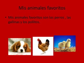 Mis animales favoritos
• Mis animales favoritos son los perros , las
  gallinas y los pollitos.
 