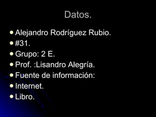 Datos. Alejandro Rodríguez Rubio.  #31. Grupo: 2 E. Prof. :Lisandro Alegría. Fuente de información: Internet. Libro. 