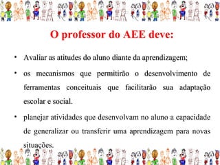 O professor do AEE deve:
• Avaliar as atitudes do aluno diante da aprendizagem;

• os mecanismos que permitirão o desenvolvimento de
  ferramentas conceituais que facilitarão sua adaptação
  escolar e social.
• planejar atividades que desenvolvam no aluno a capacidade
  de generalizar ou transferir uma aprendizagem para novas
  situações.
 