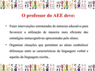O professor do AEE deve:

• Fazer intervenções estruturadas de natureza educativa para
  favorecer a utilização de maneira mais eficiente das
  estratégias metacognitivas apresentadas pelo aluno;
• Organizar situações que permitam ao aluno estabelecer
  diferenças entre as características da linguagem verbal e
  aquelas da linguagem escrita..
 