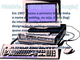 Em 1997 nasceu o primeiro blog e tinha
o nome de weblog, ou seja, diário (log)
da internet (web). Com o tempo a
designação de weblog começou a ser
quase esquecidade e foi substituída
por blog, simplesmente (o que eu acho
mais fácil de pronunciar e decorar).
A ideia revolucionou a internet
e, agora, os blogs têm uma importância
enorme na internet.
http://99utilidades.com/o-que-e-um-blog/
 