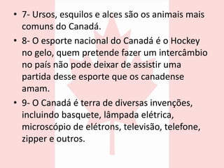 • 7- Ursos, esquilos e alces são os animais mais
comuns do Canadá.
• 8- O esporte nacional do Canadá é o Hockey
no gelo, quem pretende fazer um intercâmbio
no país não pode deixar de assistir uma
partida desse esporte que os canadense
amam.
• 9- O Canadá é terra de diversas invenções,
incluindo basquete, lâmpada elétrica,
microscópio de elétrons, televisão, telefone,
zipper e outros.
 