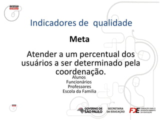 Indicadores de  qualidade Meta Alunos  Funcionários  Professores Escola da Familia Atender a um percentual dos usuários a ser determinado pela coordenação. 