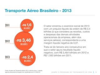 S O B R E O P R O G R A M A D E T R E I N A M E N T O D E C R M
Transporte Aéreo Brasileiro - 2013
O setor encerrou o exercício social de 2013
com um prejuízo líquido da ordem de R$ 2,4
bilhões (o que considera as receitas, custos
e despesas das demais atividades
operacionais da empresa, além dos
serviços aéreos), correspondente a uma
margem líquida negativa de 0,07.
Trata-se do terceiro ano consecutivo em
que o setor apura resultado líquido
negativo, com R$ 3,464 bilhões em 2012 e
R$ 1,593 bilhões em 2011.
14
Fonte: Anuário do Transporte Aéreo 2013, volume único, 1 edição,
Agência Nacional de Aviação Civil (publicado em 21/10/2014)
-R$1,6
BILHÕES
2011
-R$ 3,46
BILHÕES
2012
-R$ 2,4
BILHÕES
2013
 