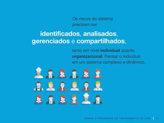S O B R E O P R O G R A M A D E T R E I N A M E N T O D E C R M
Os riscos do sistema
precisam ser
identificados, analisados,
gerenciados e compartilhados,
tanto em nível individual quanto
organizacional. Pensar o indivíduo
em um sistema complexo e dinâmico.
17
 