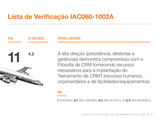 S O B R E O P R O G R A M A D E T R E I N A M E N T O D E C R M
ITEM IAC 060-1002A TÓPICOS A OBSERVAR
Lista de Verificação IAC060-1002A
OBS.:
C (CONFORME); N/C (NÃO CONFORME); N/A (NÃO APLICÁVEL); OU N/O (NÃO OBSERVÁVEL)
31
A alta direção (presidência, diretorias e
gerências) demonstra compromisso com a
Filosofia de CRM fornecendo recursos
necessários para a implantação do
Treinamento de CRM? (recursos humanos,
orçamentários e de facilidades/equipamentos)
11 4.2
 