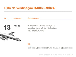 S O B R E O P R O G R A M A D E T R E I N A M E N T O D E C R M
ITEM IAC 060-1002A TÓPICOS A OBSERVAR
Lista de Verificação IAC060-1002A
OBS.:
C (CONFORME); N/C (NÃO CONFORME); N/A (NÃO APLICÁVEL); OU N/O (NÃO OBSERVÁVEL)
33
A empresa contrata serviço de
terceiros para pôr em vigência o
seu próprio CRM?
13 9.1.1(h)
 