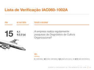 S O B R E O P R O G R A M A D E T R E I N A M E N T O D E C R M
ITEM IAC 060-1002A TÓPICOS A OBSERVAR
Lista de Verificação IAC060-1002A
OBS.:
C (CONFORME); N/C (NÃO CONFORME); N/A (NÃO APLICÁVEL); OU N/O (NÃO OBSERVÁVEL)
35
A empresa realiza regularmente
pesquisas de Diagnóstico de Cultura
Organizacional?
15 4.1
9.2.3 (a)
 
