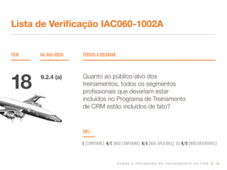 S O B R E O P R O G R A M A D E T R E I N A M E N T O D E C R M
ITEM IAC 060-1002A TÓPICOS A OBSERVAR
Lista de Verificação IAC060-1002A
OBS.:
C (CONFORME); N/C (NÃO CONFORME); N/A (NÃO APLICÁVEL); OU N/O (NÃO OBSERVÁVEL)
38
Quanto ao público-alvo dos
treinamentos, todos os segmentos
profissionais que deveriam estar
incluídos no Programa de Treinamento
de CRM estão incluídos de fato?
18 9.2.4 (a)
 