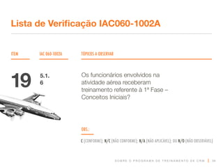 S O B R E O P R O G R A M A D E T R E I N A M E N T O D E C R M
ITEM IAC 060-1002A TÓPICOS A OBSERVAR
Lista de Verificação IAC060-1002A
OBS.:
C (CONFORME); N/C (NÃO CONFORME); N/A (NÃO APLICÁVEL); OU N/O (NÃO OBSERVÁVEL)
39
Os funcionários envolvidos na
atividade aérea receberam
treinamento referente à 1ª Fase –
Conceitos Iniciais?
19 5.1.
6
 