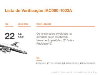S O B R E O P R O G R A M A D E T R E I N A M E N T O D E C R M
ITEM IAC 060-1002A TÓPICOS A OBSERVAR
Lista de Verificação IAC060-1002A
OBS.:
C (CONFORME); N/C (NÃO CONFORME); N/A (NÃO APLICÁVEL); OU N/O (NÃO OBSERVÁVEL)
42
Os funcionários envolvidos na
atividade aérea receberam
treinamento periódico (3ª Fase -
Reciclagem)?
22 5.3
5.3.2
 