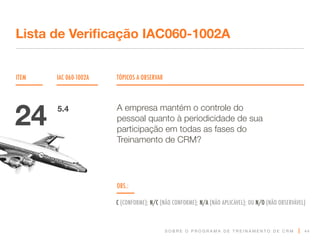 S O B R E O P R O G R A M A D E T R E I N A M E N T O D E C R M
ITEM IAC 060-1002A TÓPICOS A OBSERVAR
Lista de Verificação IAC060-1002A
OBS.:
C (CONFORME); N/C (NÃO CONFORME); N/A (NÃO APLICÁVEL); OU N/O (NÃO OBSERVÁVEL)
44
A empresa mantém o controle do
pessoal quanto à periodicidade de sua
participação em todas as fases do
Treinamento de CRM?
24 5.4
 