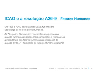 S O B R E O P R O G R A M A D E T R E I N A M E N T O D E C R M 5
ICAO e a resolução A26-9 – Fatores Humanos
Em 1986 a ICAO adotou a resolução A26-9 sobre
Segurança de Voo e Fatores Humanos.
Air Navigation Commission: “aumentar a segurança na
aviação fazendo os Estados mais conscientes e responsivos
à importância dos fatores humanos nas operações da
aviação civil (...)” - Circulares de Fatores Humanos da ICAO
Fonte: Doc 9683 - AN-950 - Human Factors Training Manual
 