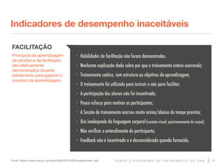 S O B R E O P R O G R A M A D E T R E I N A M E N T O D E C R M
Indicadores de desempenho inaceitáveis
51
Fonte: https://www.caa.co.uk/docs/2594/HF%20Competencies1.pdf
Princípios da aprendizagem
de adultos e da facilitação
são efetivamente
demonstrados durante
treinamento para garantir o
sucesso da aprendizagem.
FACILITAÇÃO
• Habilidades de facilitação não foram demonstradas.
• Nenhuma explicação dada sobre por que o treinamento estava ocorrendo;
• Treinamento caótico, sem estrutura ou objetivos de aprendizagem;
• O treinamento foi utilizado para instruir e não para facilitar;
• A participação dos alunos não foi incentivada;
• Pouco esforço para motivar os participantes;
• A Sessão de treinamento ocorreu muito acima/abaixo do tempo previsto;
• Uso inadequado da linguagem corporal (contato visual, posicionamento do corpo);
• Não verificar o entendimento do participante;
• Feedback não é incentivado e é desconsiderado quando fornecido.
 