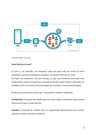 Fonte da imagem: scrum.org
Como funciona o Scrum?
O Scrum é, por definição, um framework usado para gerar valor pro cliente de forma
adaptativa e partindo de problemas complexos, mas de forma leve para os times.
Sua base é do empirismo e do lean thinking, ou seja, uma ferramenta que proporciona
conhecimento através da experiência e tomada de decisão a partir do que é observado - da
realidade. Assim como outros frameworks ágeis, ele é iterativo e incremental (ajustável).
Os pilares que estruturam o Scrum são: Transparência, Inspeção e Adaptação
Transparência​: O processo de trabalho deve ser visível a todos os envolvidos: quem executa
(time Scrum) e quem recebe (Cliente).
Inspeção: O progresso do trabalho deve ser inspecionado frequentemente para verificar
possíveis variações e antecipar problemas.
3
 