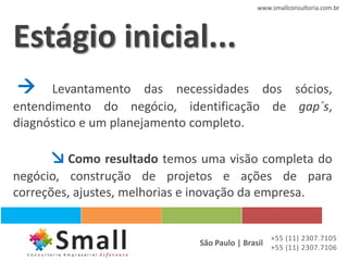 www.smallconsultoria.com.br




Estágio inicial...
     Levantamento das necessidades dos sócios,
entendimento do negócio, identificação de gap´s,
diagnóstico e um planejamento completo.

      ↘ Como resultado temos uma visão completa do
negócio, construção de projetos e ações de para
correções, ajustes, melhorias e inovação da empresa.


                                                 +55 (11) 2307.7105
                              São Paulo | Brasil +55 (11) 2307.7106
 