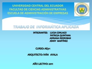 UNIVERSIDAD CENTRAL DEL ECUADORFACULTAD DE CIENCIAS ADMINISTRATIVASESCUELA DE ADMINISTRACIÓN DE EMPRESAS        TRABAJO DE  INFORMÁTICA APLICADA   INTEGRANTES:     LUCIA CONLAGO        PATRICIA QUINTANA        ADRIANA REDROBAN JENNY  MARTÍNEZ  CURSO: AE3-1  ARQUITECTO: IVÁN   AYALA  AÑO LECTIVO: 2011 