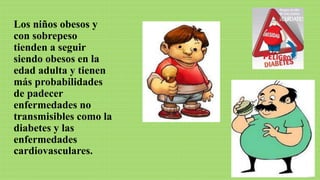 Los niños obesos y
con sobrepeso
tienden a seguir
siendo obesos en la
edad adulta y tienen
más probabilidades
de padecer
enfermedades no
transmisibles como la
diabetes y las
enfermedades
cardiovasculares.
 