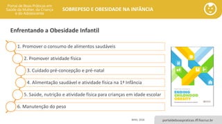 portaldeboaspraticas.iff.fiocruz.br
SOBREPESO E OBESIDADE NA INFÂNCIA
Enfrentando a Obesidade Infantil
WHO, 2016
1. Promover o consumo de alimentos saudáveis
2. Promover atividade física
3. Cuidado pré-concepção e pré-natal
4. Alimentação saudável e atividade física na 1ª Infância
5. Saúde, nutrição e atividade física para crianças em idade escolar
6. Manutenção do peso
 