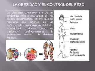 La obesidad constituye una de las
epidemias más preocupantes en los
países desarrollados, en los que se
relaciona con algunas de las
enfermedades que mayor mortalidad e
incapacidad producen; como los
trastornos cardiovasculares, la
hipertensión arterial la diabetes
mellitus.
LA OBESIDAD Y EL CONTROL DEL PESO
 