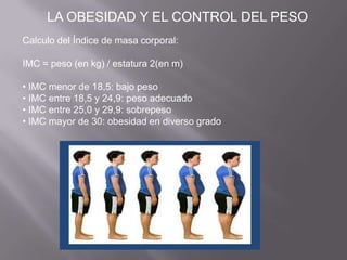 Calculo del Índice de masa corporal:
IMC = peso (en kg) / estatura 2(en m)
• IMC menor de 18,5: bajo peso
• IMC entre 18,5 y 24,9: peso adecuado
• IMC entre 25,0 y 29,9: sobrepeso
• IMC mayor de 30: obesidad en diverso grado
LA OBESIDAD Y EL CONTROL DEL PESO
 