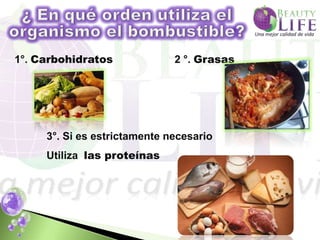 1°. Carbohidratos             2 °. Grasas




     3°. Si es estrictamente necesario
     Utiliza las proteínas
 