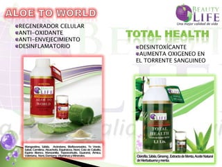 REGENERADOR CELULAR
ANTI-OXIDANTE
ANTI-ENVEJECIMIENTO
DESINFLAMATORIO        DESINTOXÍCANTE
                       AUMENTA OXIGENEO EN
                      EL TORRENTE SANGUINEO
 