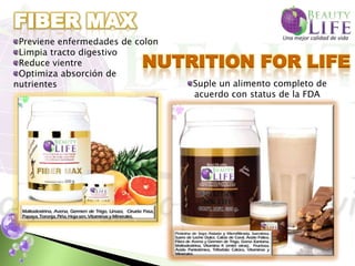Previene enfermedades de colon
 Limpia tracto digestivo
 Reduce vientre            NUTRITION FOR LIFE
 Optimiza absorción de
nutrientes                        Suple un alimento completo de
                                  acuerdo con status de la FDA
 