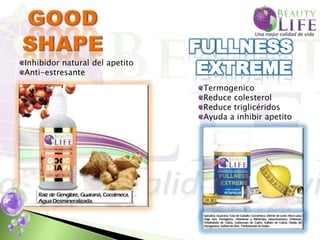 Inhibidor natural del apetito
Anti-estresante
                                Termogenico
                                Reduce colesterol
                                Reduce triglicéridos
                                Ayuda a inhibir apetito
 