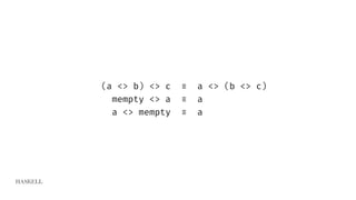 HASKELL
(a <> b) <> c ≡ a <> (b <> c)
mempty <> a ≡ a
a <> mempty ≡ a
 