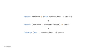 HASKELL
reduce maximum 0 (map numberOfPosts users)
=
reduce (maximum . numberOfPosts) 0 users
≅
foldMap (Max . numberOfPosts) users
 