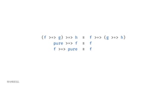 HASKELL
(f >=> g) >=> h ≡ f >=> (g >=> h)
pure >=> f ≡ f
f >=> pure ≡ f
 