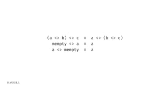 HASKELL
(a <> b) <> c ≡ a <> (b <> c)
mempty <> a ≡ a
a <> mempty ≡ a
 