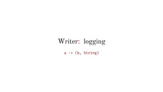 Writer: logging
a -> (b, String)
 