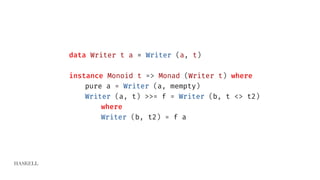 HASKELL
data Writer t a = Writer (a, t)
instance Monoid t => Monad (Writer t) where
pure a = Writer (a, mempty)
Writer (a, t) >>= f = Writer (b, t <> t2)
where
Writer (b, t2) = f a
 