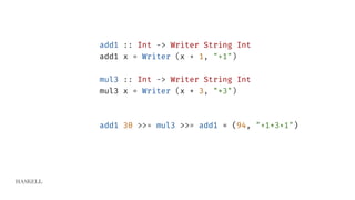 HASKELL
add1 :: Int -> Writer String Int
add1 x = Writer (x + 1, "+1")
mul3 :: Int -> Writer String Int
mul3 x = Writer (x * 3, "*3")
add1 30 >>= mul3 >>= add1 = (94, "+1*3+1")
 