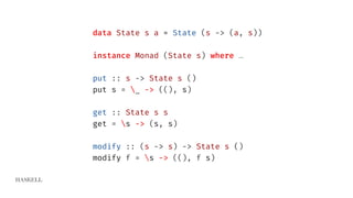 HASKELL
data State s a = State (s -> (a, s))
instance Monad (State s) where …
put :: s -> State s ()
put s = _ -> ((), s)
get :: State s s
get = s -> (s, s)
modify :: (s -> s) -> State s ()
modify f = s -> ((), f s)
 