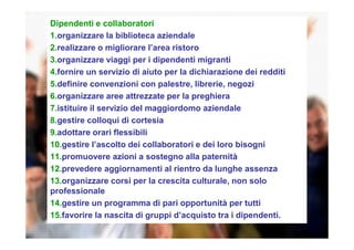 Dipendenti e collaboratori
1.organizzare la biblioteca aziendale
2.realizzare o migliorare l’area ristoro
3.organizzare viaggi per i dipendenti migranti
4.fornire un servizio di aiuto per la dichiarazione dei redditi
5.definire convenzioni con palestre, librerie, negozi
6.organizzare aree attrezzate per la preghiera
7.istituire il servizio del maggiordomo aziendale
8.gestire colloqui di cortesia
9.adottare orari flessibili
10.gestire l’ascolto dei collaboratori e dei loro bisogni
11.promuovere azioni a sostegno alla paternità
12.prevedere aggiornamenti al rientro da lunghe assenza
13.organizzare corsi per la crescita culturale, non solo
professionale
14.gestire un programma di pari opportunità per tutti
15.favorire la nascita di gruppi d’acquisto tra i dipendenti.
 