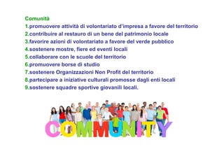 Comunità
1.promuovere attività di volontariato d’impresa a favore del territorio
2.contribuire al restauro di un bene del patrimonio locale
3.favorire azioni di volontariato a favore del verde pubblico
4.sostenere mostre, fiere ed eventi locali
5.collaborare con le scuole del territorio
6.promuovere borse di studio
7.sostenere Organizzazioni Non Profit del territorio
8.partecipare a iniziative culturali promosse dagli enti locali
9.sostenere squadre sportive giovanili locali.
 