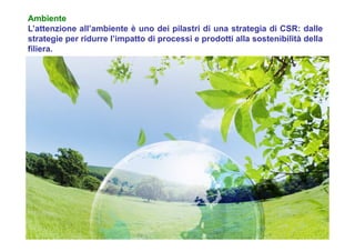 Ambiente
L’attenzione all’ambiente è uno dei pilastri di una strategia di CSR: dalle
strategie per ridurre l’impatto di processi e prodotti alla sostenibilità della
filiera.
 