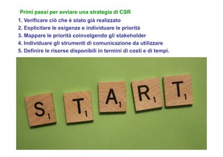 1. Verificare ciò che è stato già realizzato
2. Esplicitare le esigenze e individuare le priorità
3. Mappare le priorità coinvolgendo gli stakeholder
4. Individuare gli strumenti di comunicazione da utilizzare
5. Definire le risorse disponibili in termini di costi e di tempi.
Primi passi per avviare una strategia di CSR
 